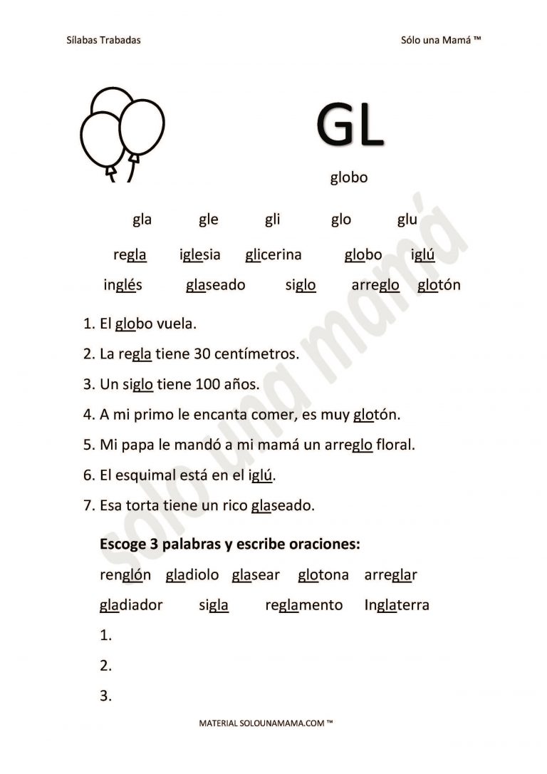 Ejercicios con Sílabas Trabadas GL Sólo Una Mamá